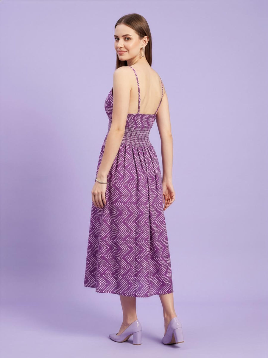 Premium cotton casual midi dress in purple print