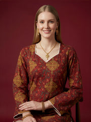 Red Printed Cotton Kurta with White Palazzo for Women