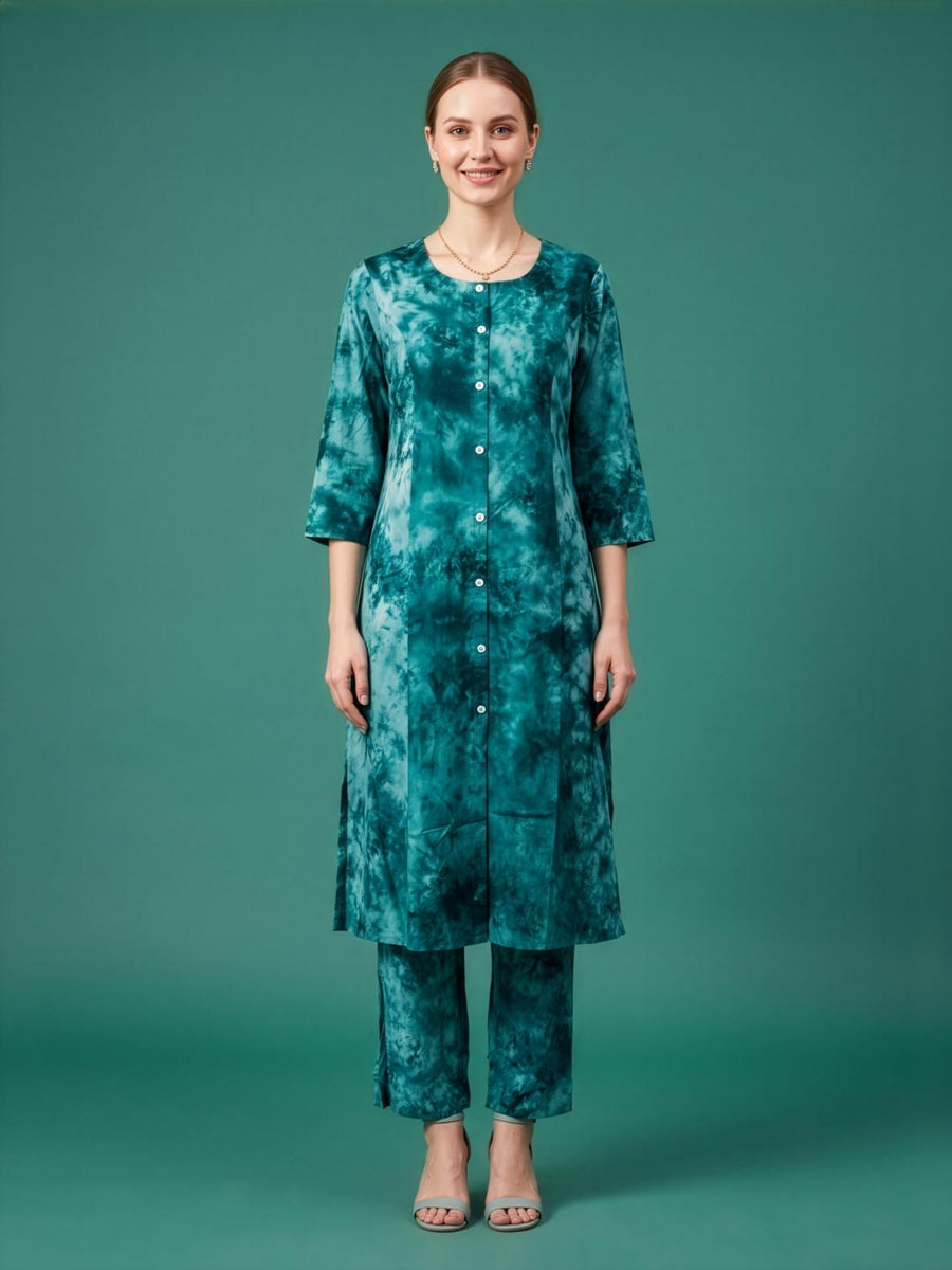 Round Neck Teal Green Cotton Co Ord Set