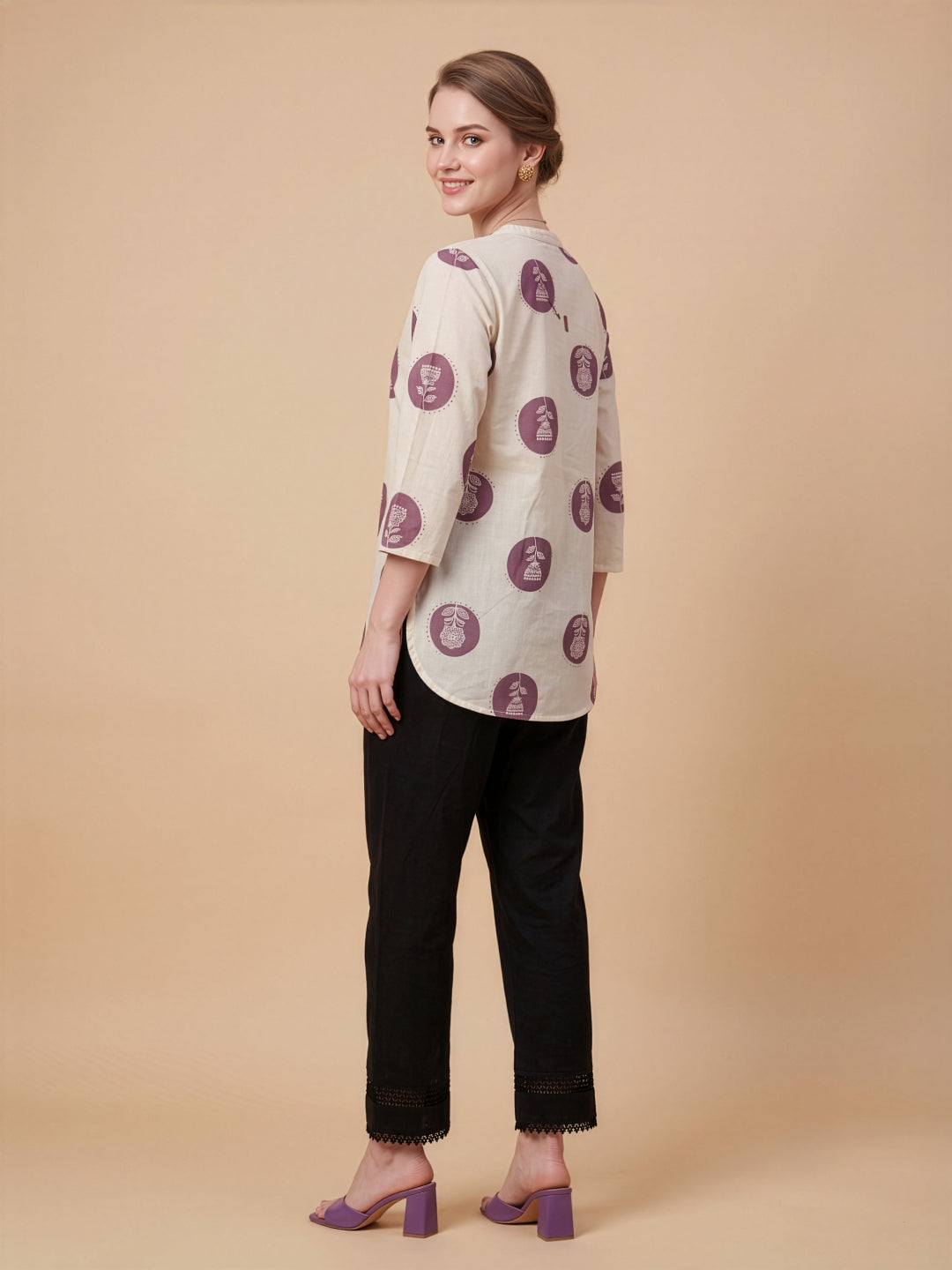 Off-white and purple printed cotton top for women