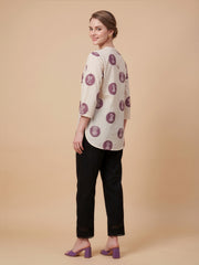 Off-white and purple printed cotton top for women