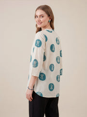 Off-white and blue printed cotton top for women