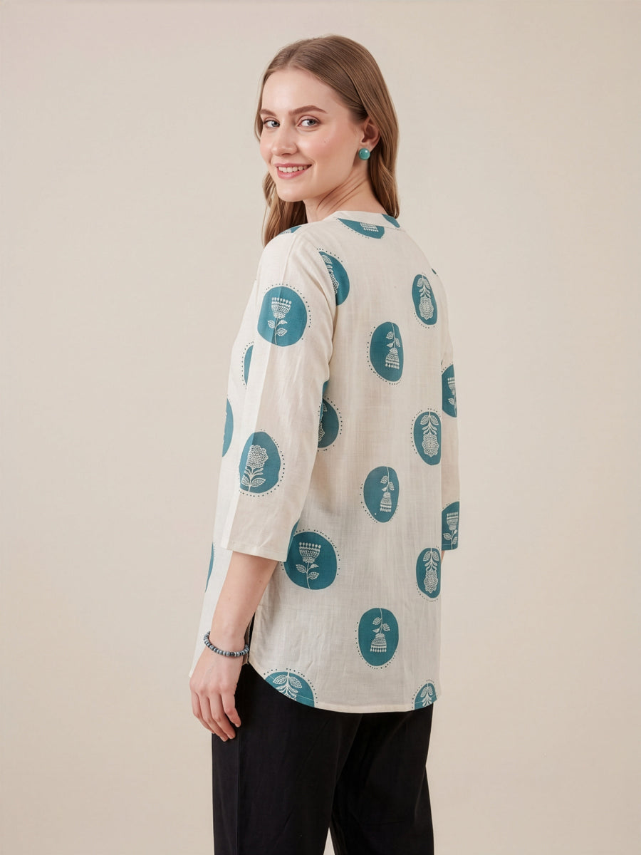 Off-white and blue printed cotton top for women