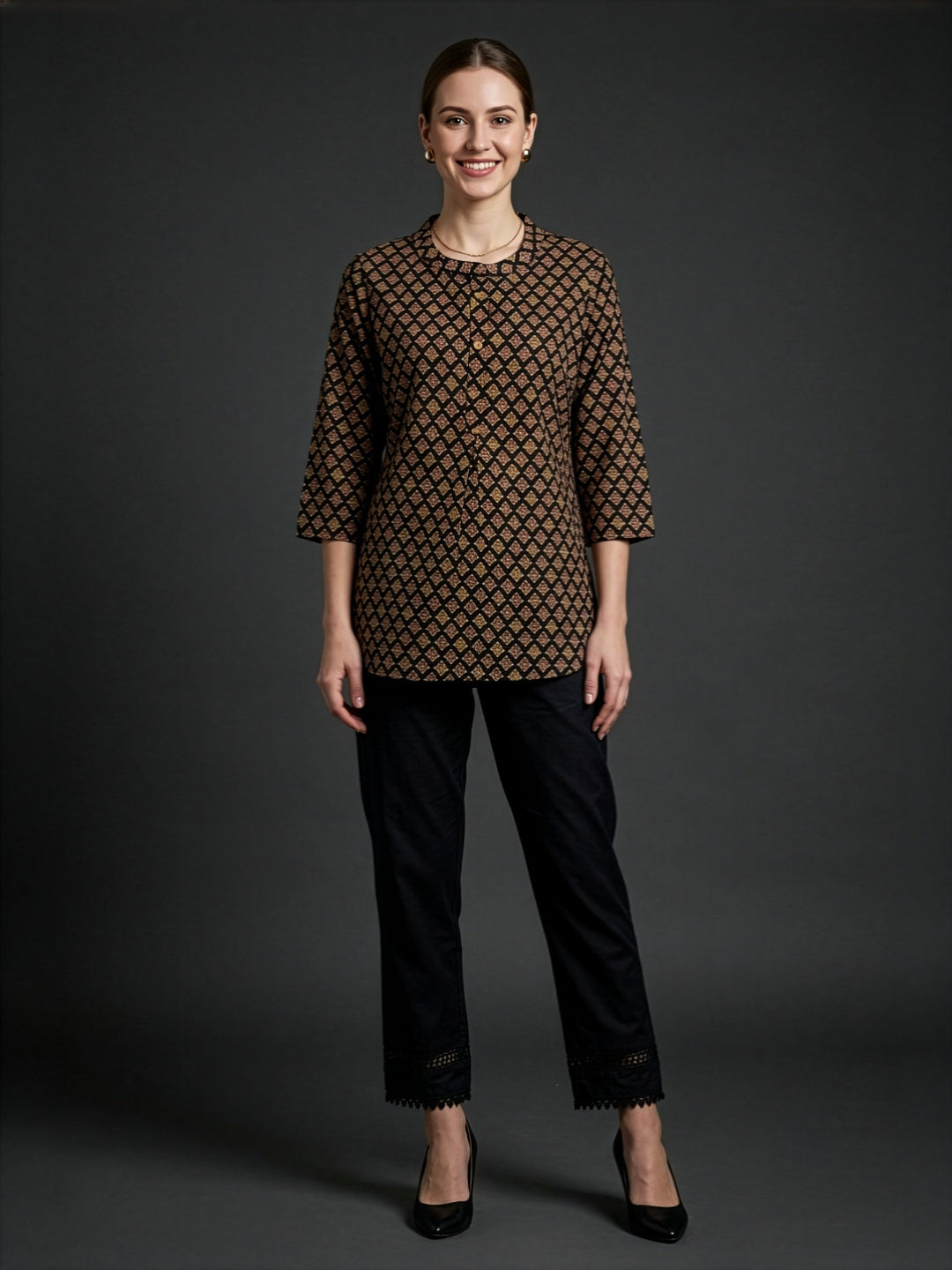 Black Ajrakh printed premium cotton top for women
