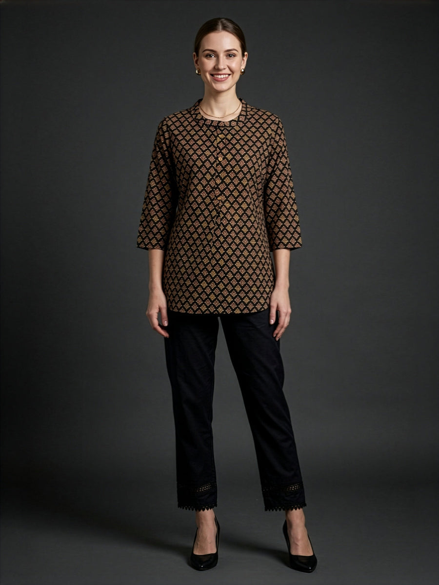 Black Ajrakh printed premium cotton top for women