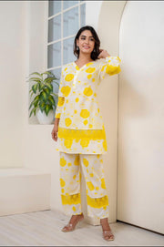 Floral Print Yellow and White Kurta Set