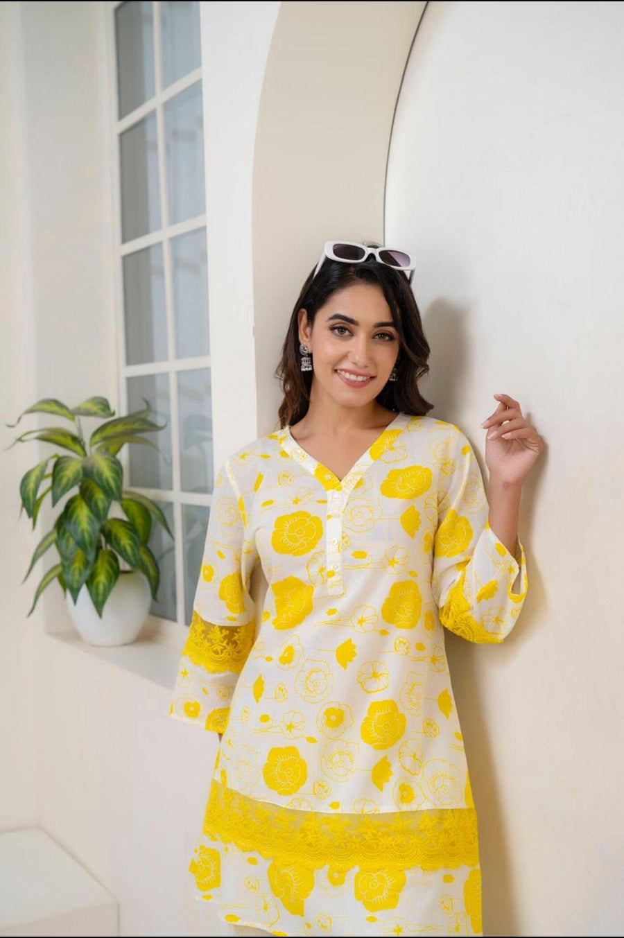 Floral Print Yellow and White Kurta Set