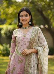 Floral printed cotton kurta pant dupatta set Aaronee