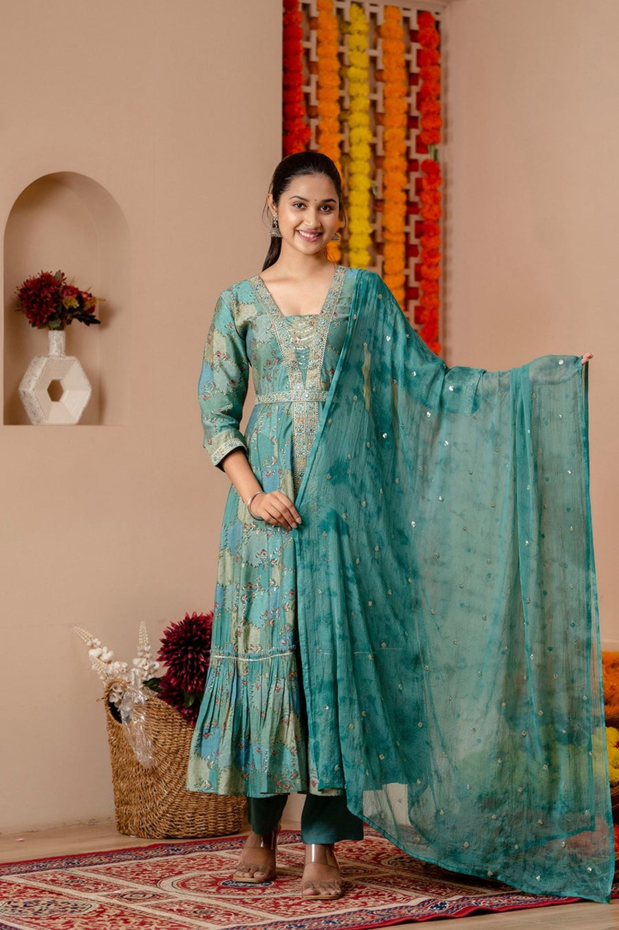 Trendy Green Anarkali Set with Complementary Dupatta