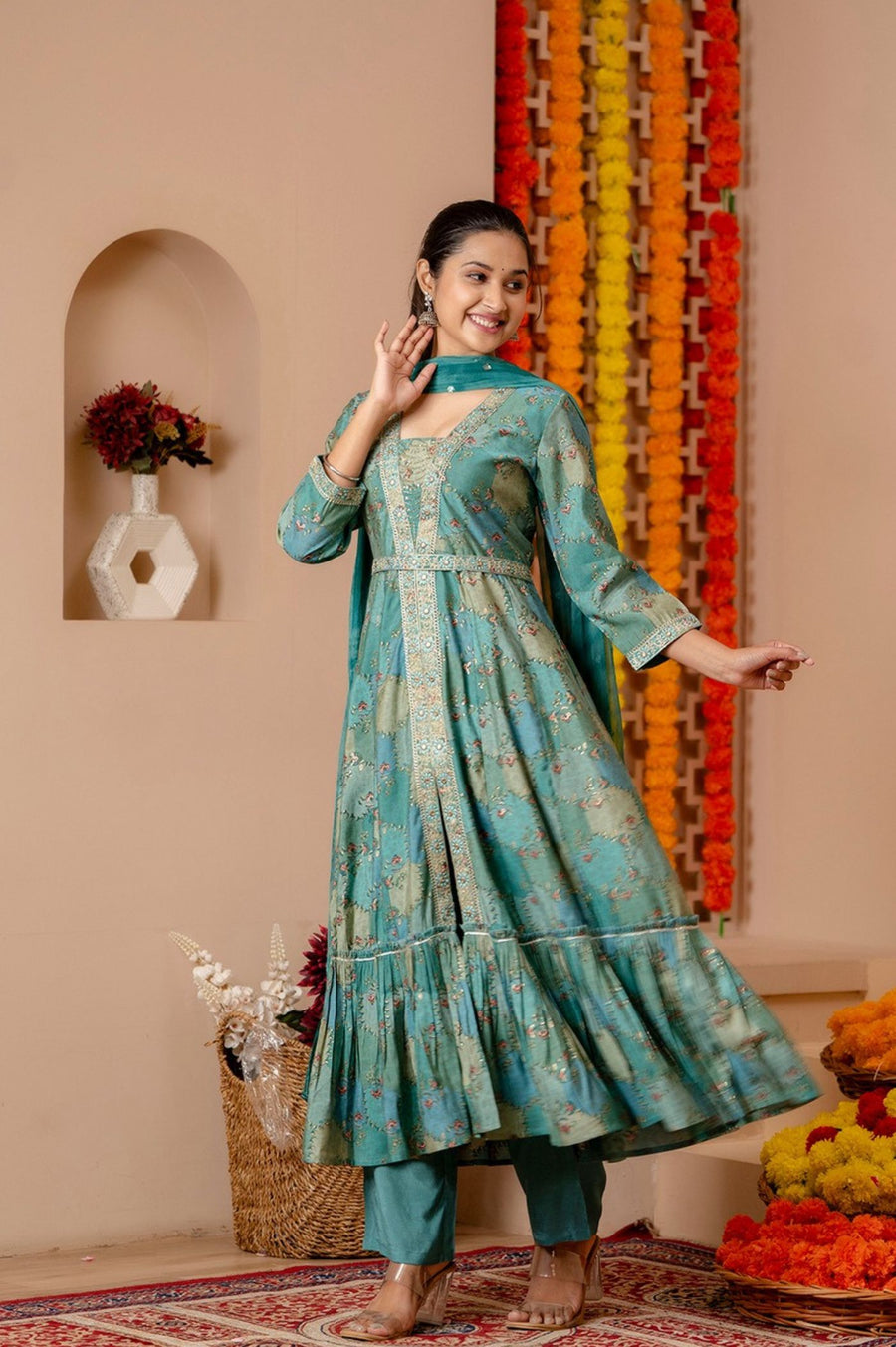 Trendy Green Anarkali Set with Complementary Dupatta