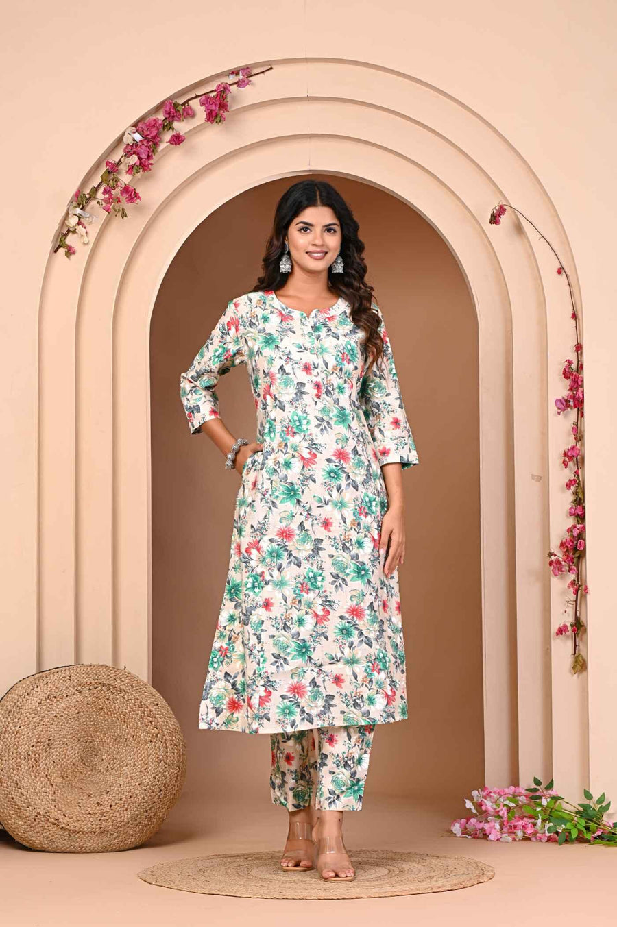 Green Flower Print Kurta and Pant Set Effortless Elegance in Modal Chanderi.