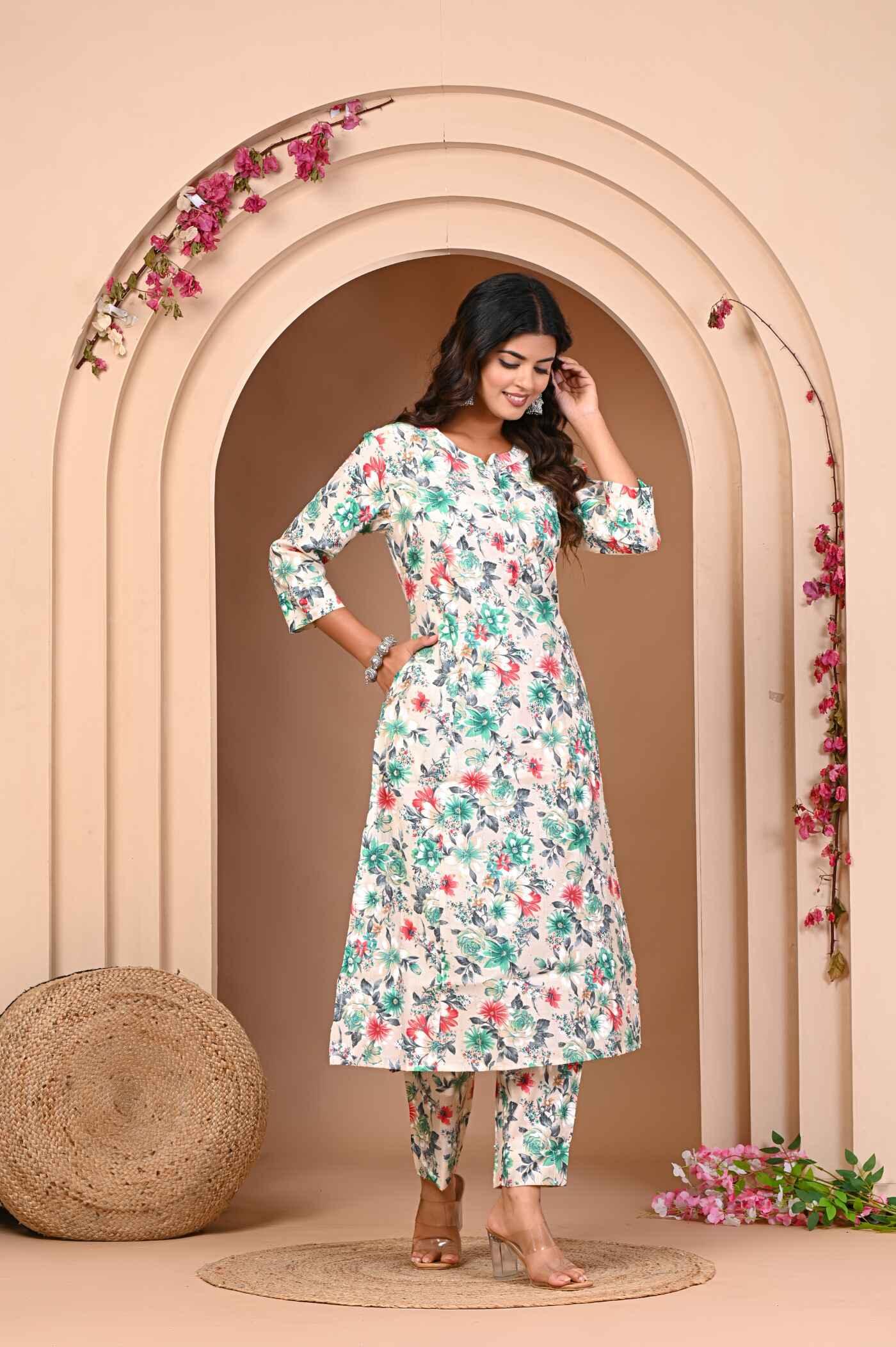 Green Flower Print Kurta and Pant Set Effortless Elegance in Modal Chanderi.