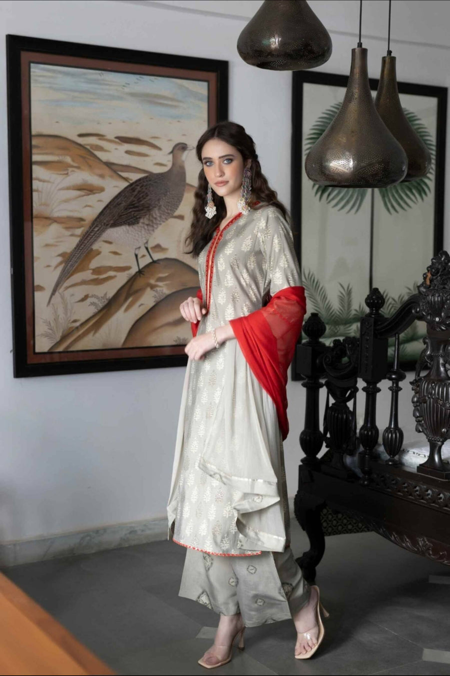 Grey & Red Elegance Kurta Set - Stylish Jaipuri Ethnic Wear for Women