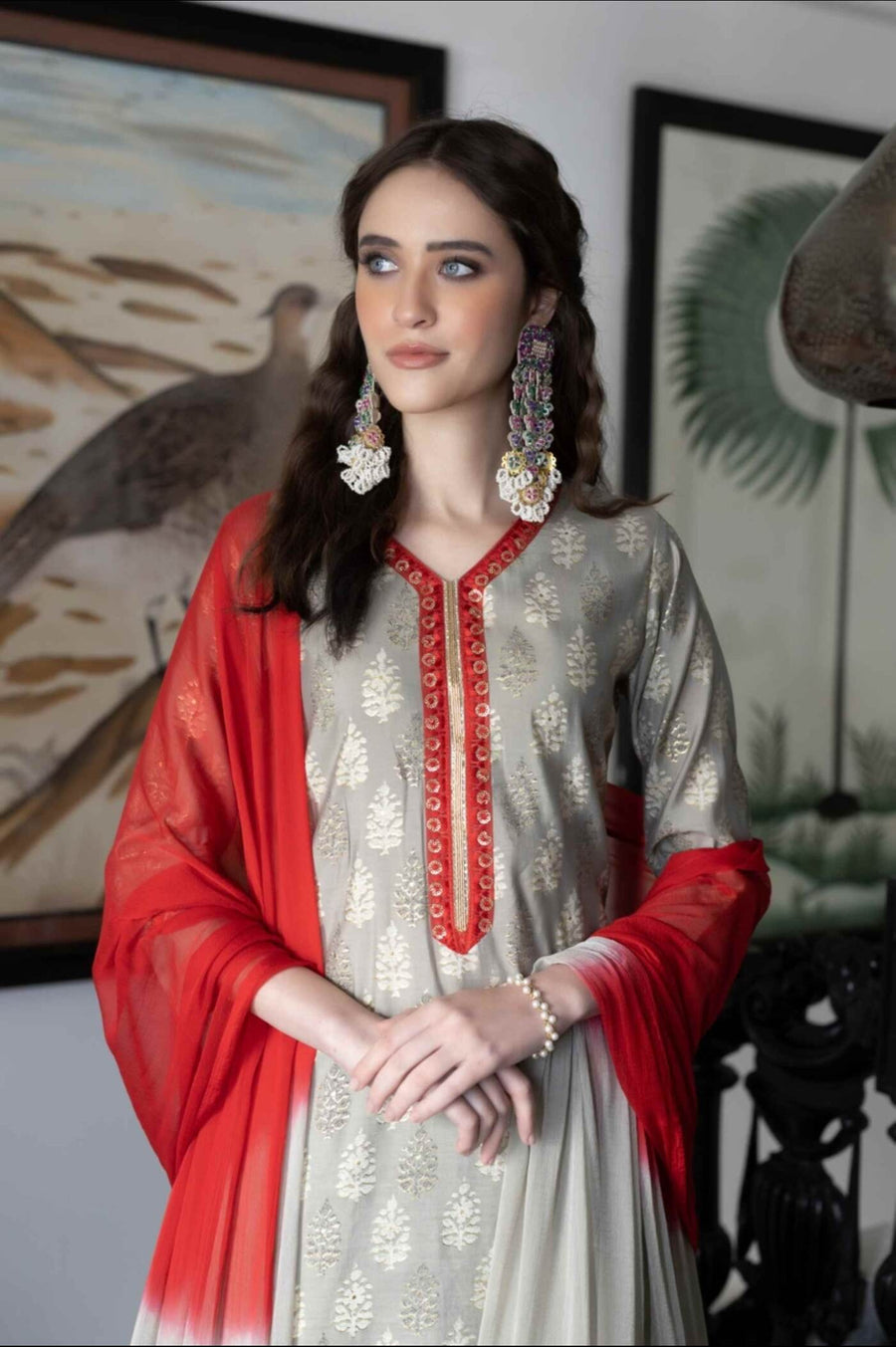 Grey & Red Elegance Kurta Set - Stylish Jaipuri Ethnic Wear for Women