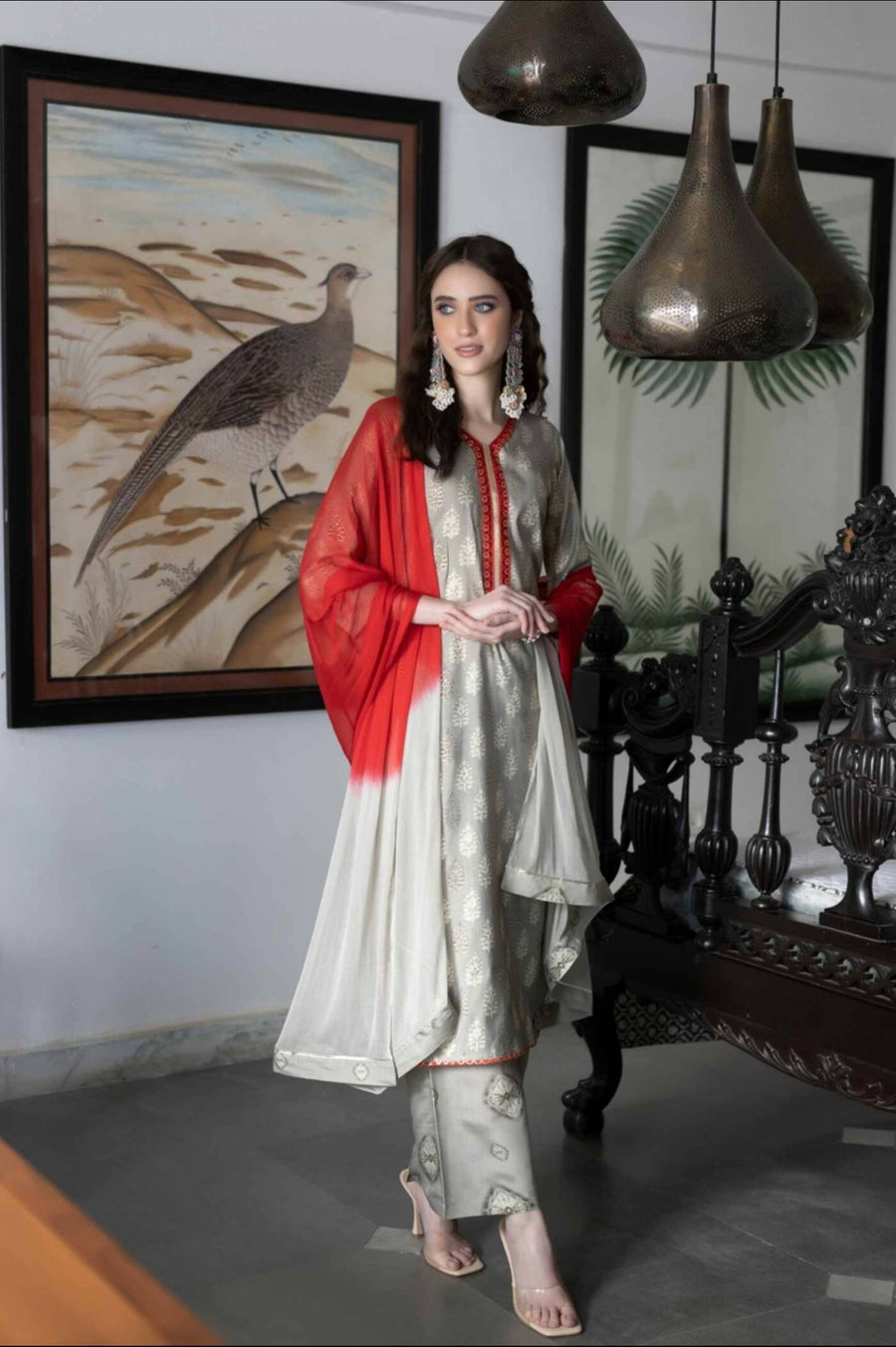 Grey & Red Elegance Kurta Set - Stylish Jaipuri Ethnic Wear for Women