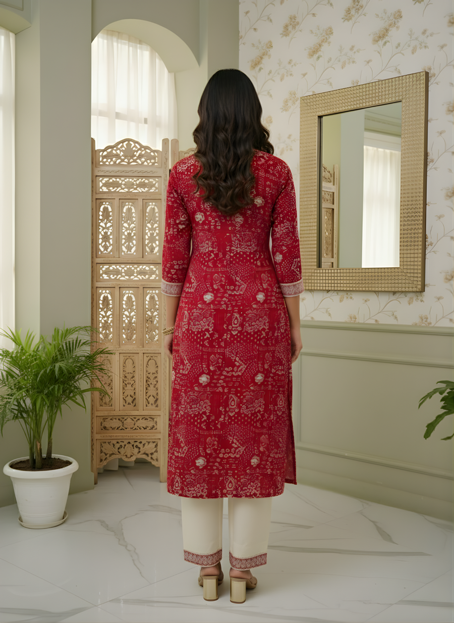 Designer Pure Cotton Red Kurta Set Aaronee