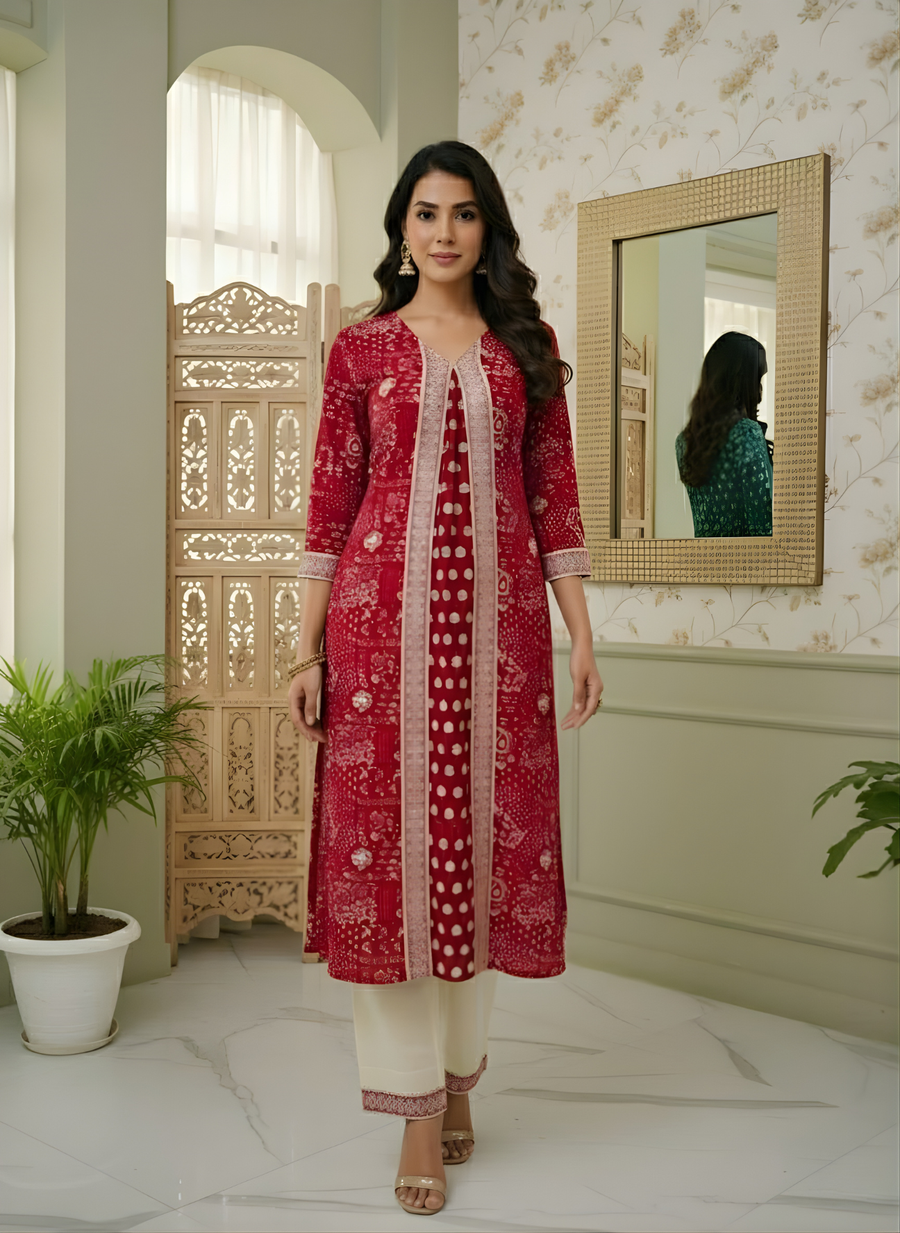 Aaronee Red Printed Pure Cotton Kurta Set for Women