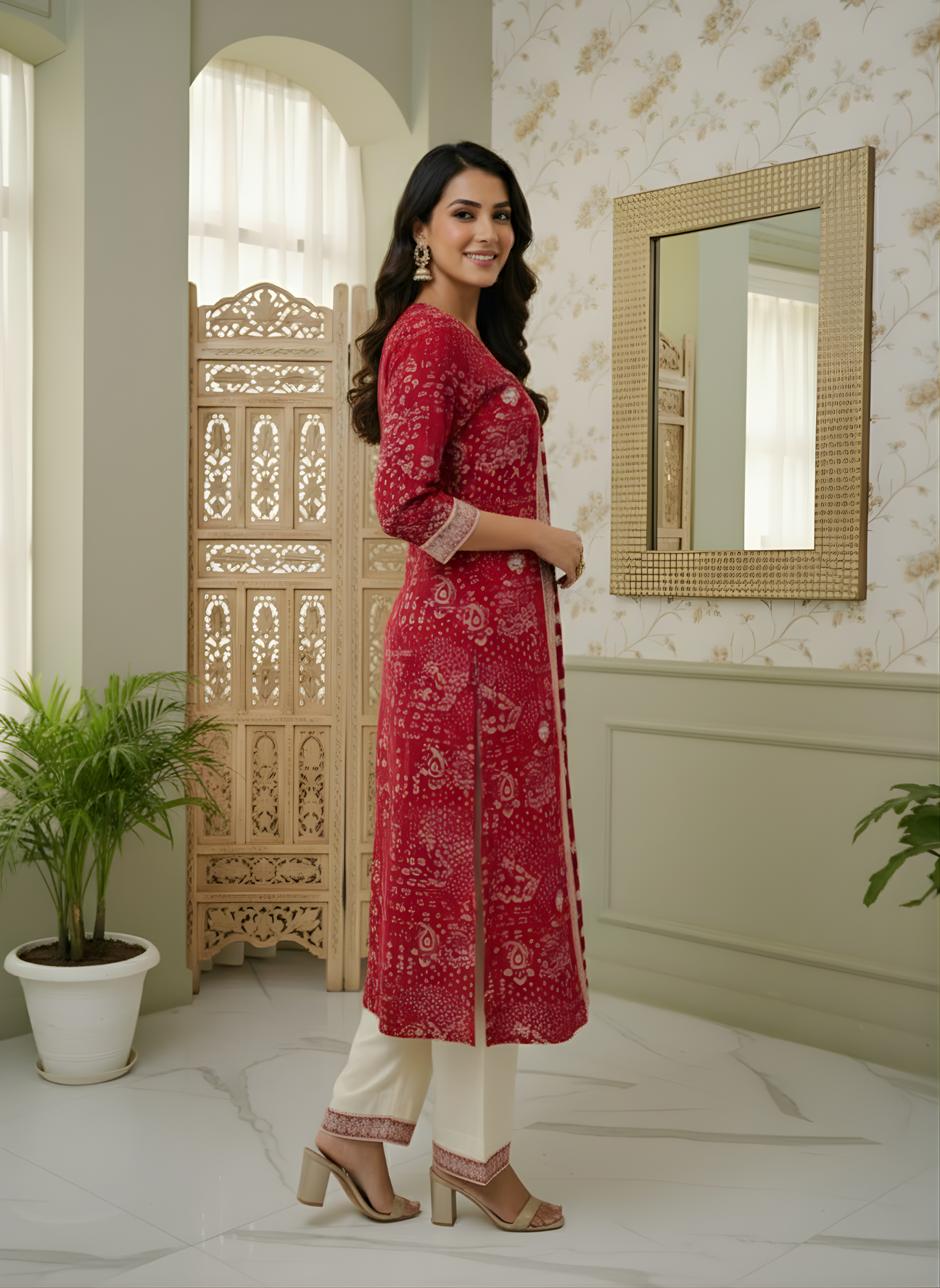 Elegant Red Cotton Kurti Pant Set Aaronee Jaipur