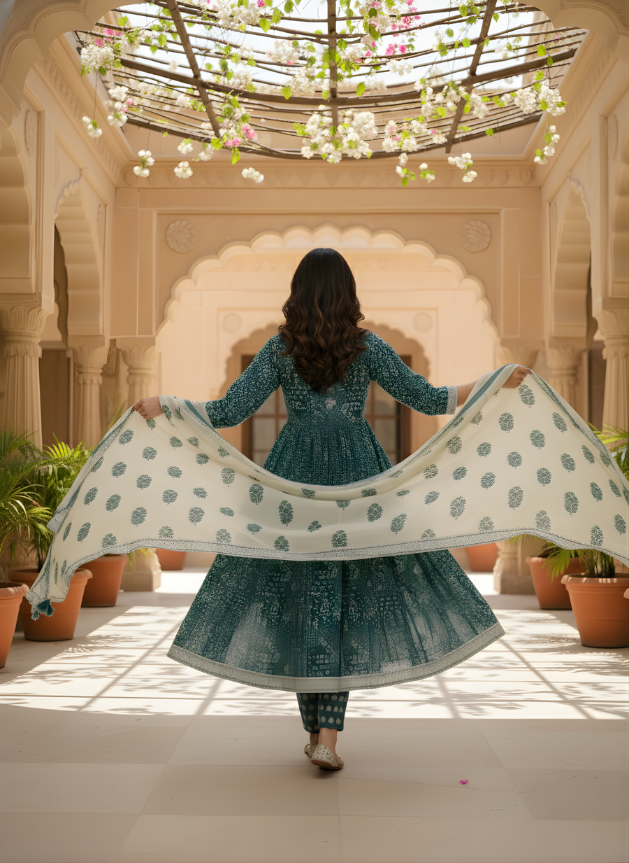 Pure Cotton Blue Ethnic Kurta Pant Dupatta Set