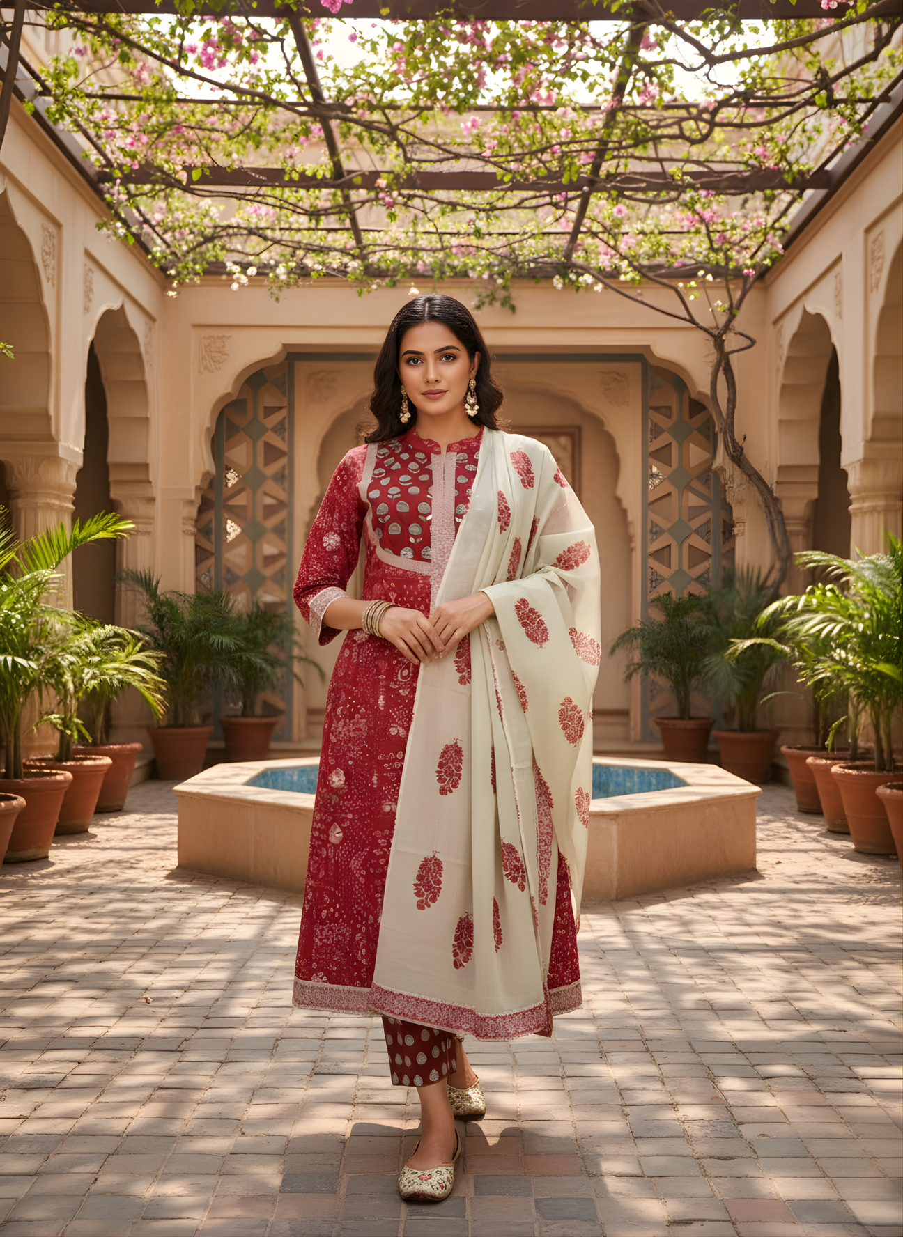 Aaronee red handblock printed cotton kurta dupatta set