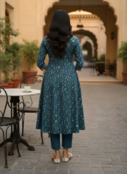 Aaronee Blue Handblock Printed Pure Cotton Kurta Pant Set for Women