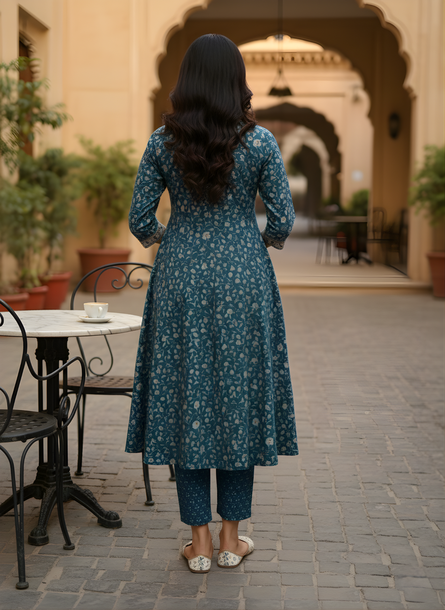 Aaronee Blue Handblock Printed Pure Cotton Kurta Pant Set for Women