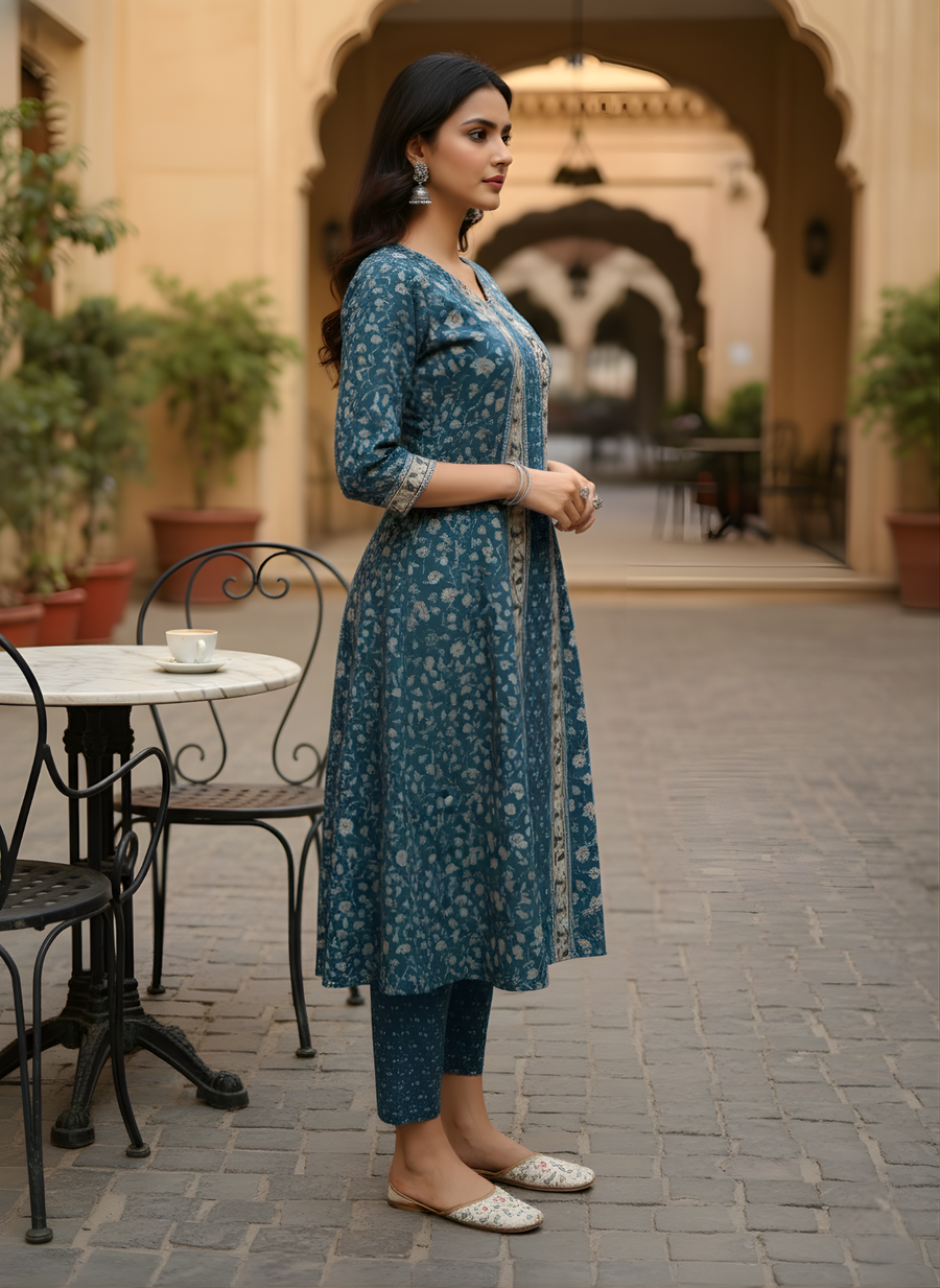 Aaronee Blue Handblock Printed Pure Cotton Kurta Pant Set for Women