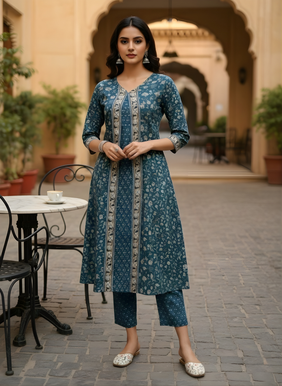 Aaronee Blue Handblock Printed Pure Cotton Kurta Pant Set for Women