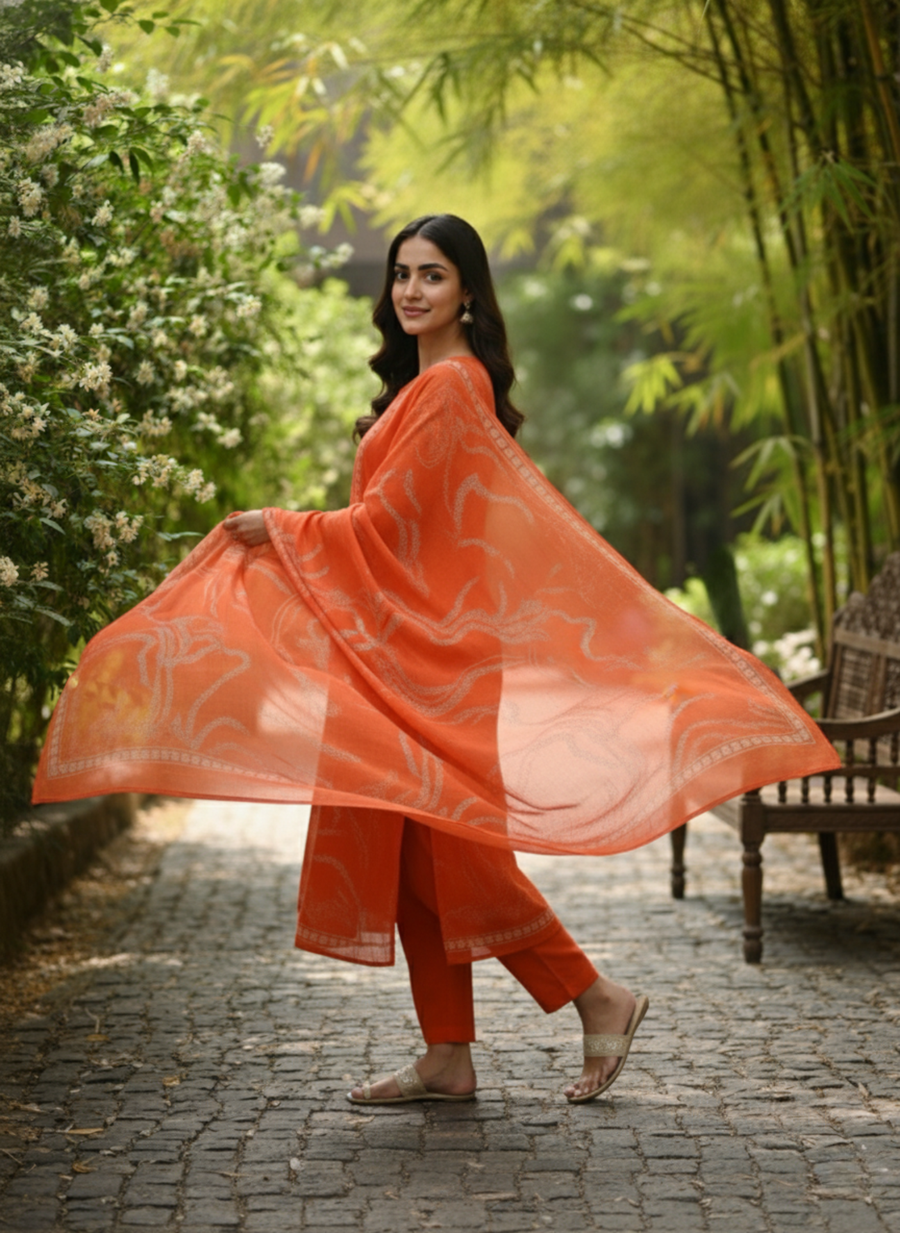 Woman in an orange traditional outfit standing in a garden with greenery.
