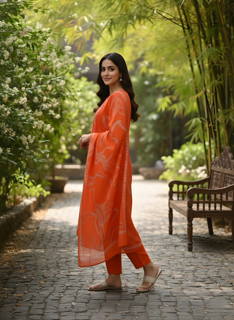 Aaronee Vibrant Orange Cotton Kurta Dupatta Set