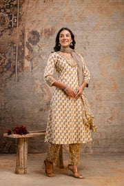 Handblock print kurti set with striped dupatta