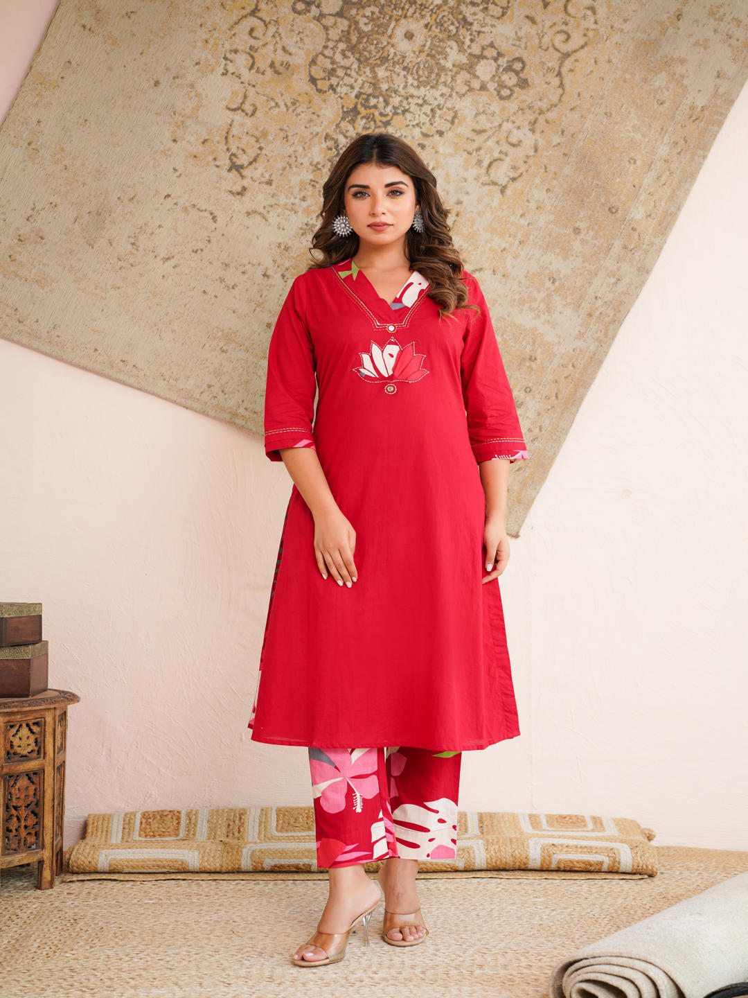 Aaronee Red Cotton Kurta Set for Women