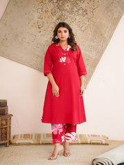 Aaronee Red Cotton Kurta Set for Women