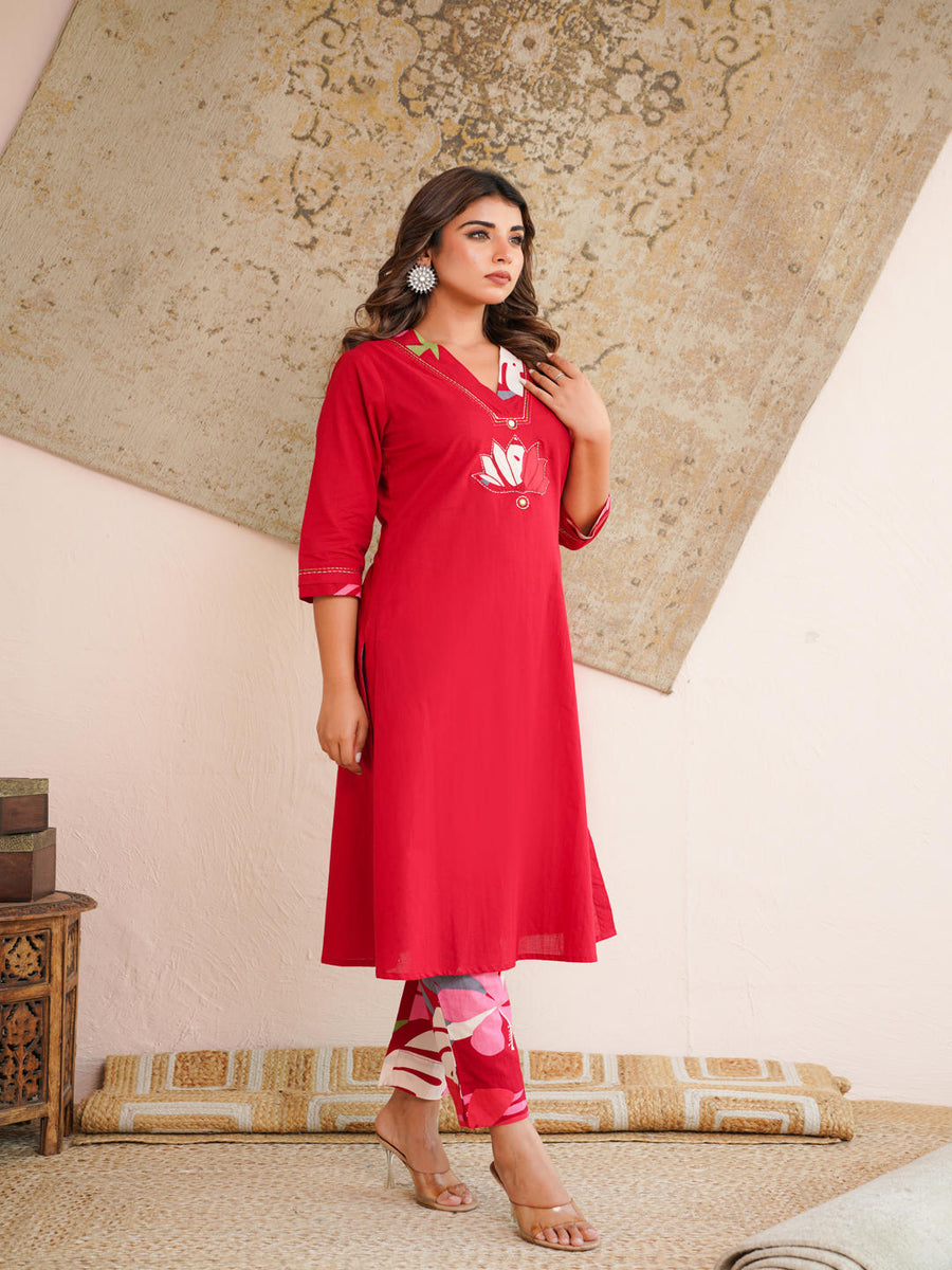 Elegant  Red Kurta Set with Printed Pants