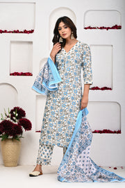 Blue Flower Print V-Neck Dupatta Kurtis Set: Elegance in Every Detail