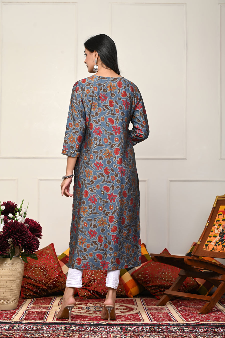 Blue with Red Flower Printed Kurtis: Timeless Floral Grace, Modern Comfort