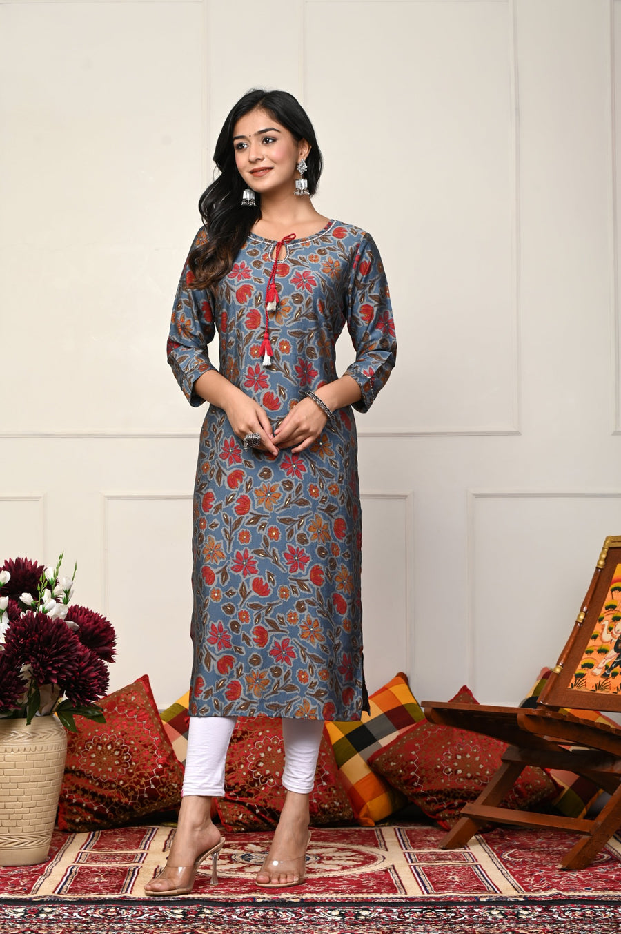 Blue with Red Flower Printed Kurtis
