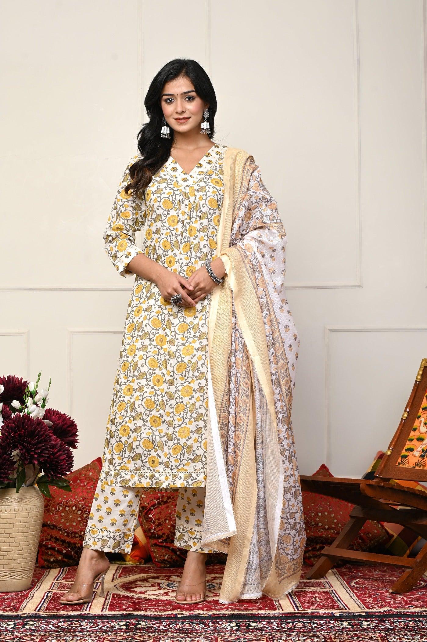 Introducing Yellow Flower Print V-Neck Dupatta Kurtis Set