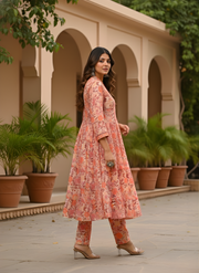 Jaipur Pure Cotton Floral Kurta Set Peach