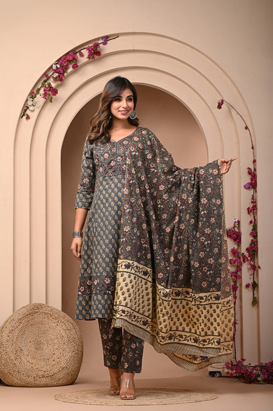 Elevate Your Ethnical Style with Aaronee Jaipuri Print Anarkali Kurti Pant Dupatta Set