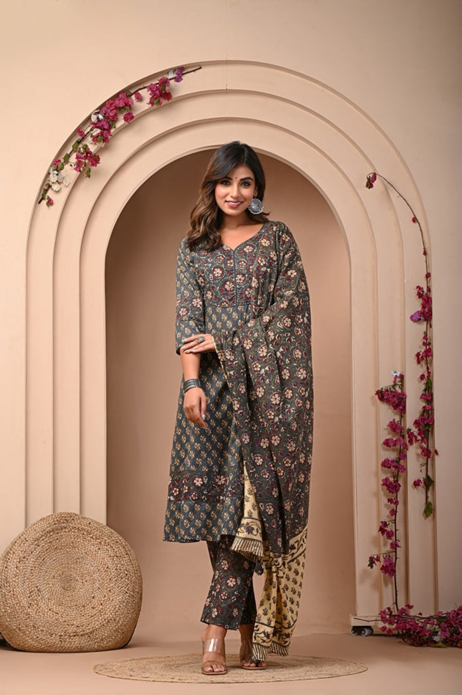 Elevate Your Ethnical Style with Aaronee Jaipuri Print Anarkali Kurti Pant Dupatta Set