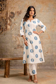 Jaipur-style white kurti with blue floral motifs