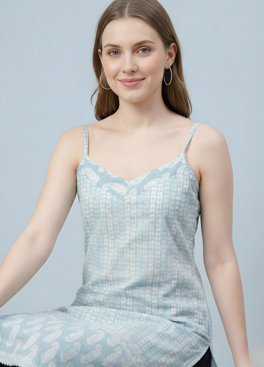 Powder Blue Printed Mul Cotton Kurti with Lining – Elegant Women Ethnic Wear by Aaronee
