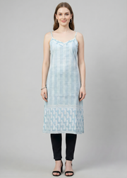 Powder Blue Printed Mul Cotton Kurti with Lining – Elegant Women Ethnic Wear by Aaronee