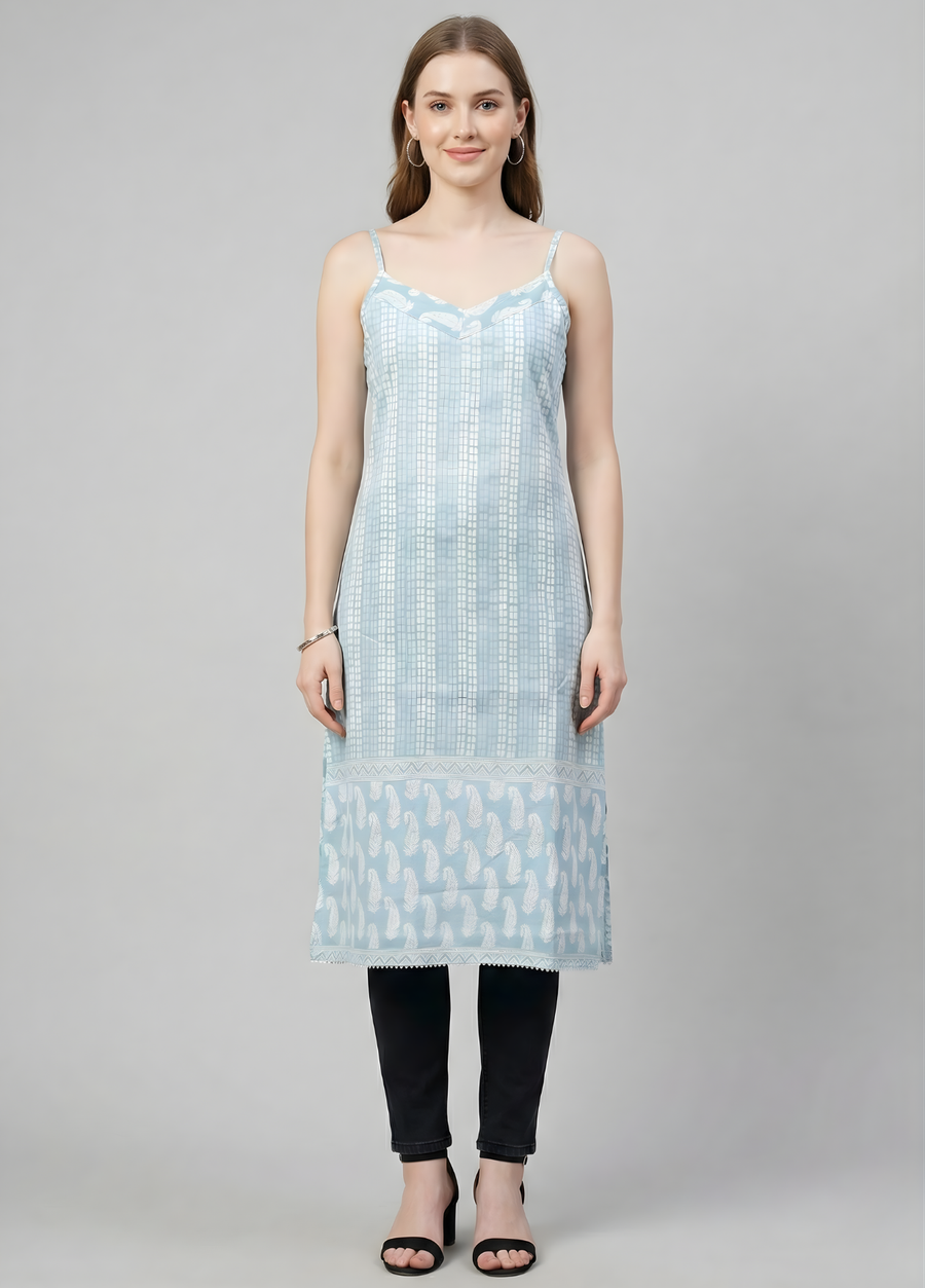 Powder Blue Printed Mul Cotton Kurti with Lining – Elegant Women Ethnic Wear by Aaronee