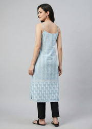 Powder Blue Printed Mul Cotton Kurti with Lining – Elegant Women Ethnic Wear by Aaronee