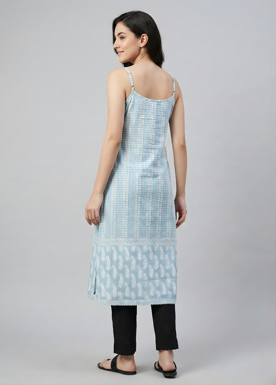 Powder Blue Printed Mul Cotton Kurti with Lining – Elegant Women Ethnic Wear by Aaronee