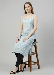 Powder Blue Printed Mul Cotton Kurti with Lining – Elegant Women Ethnic Wear by Aaronee