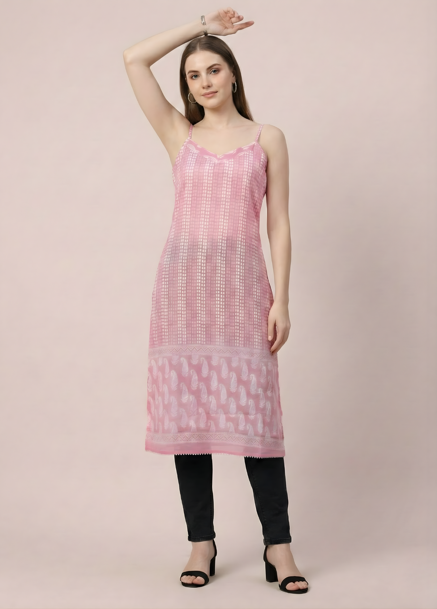 Soft Pink Printed Mul Cotton Kurti with Lining – Elegant Women Ethnic Wear by Aaronee