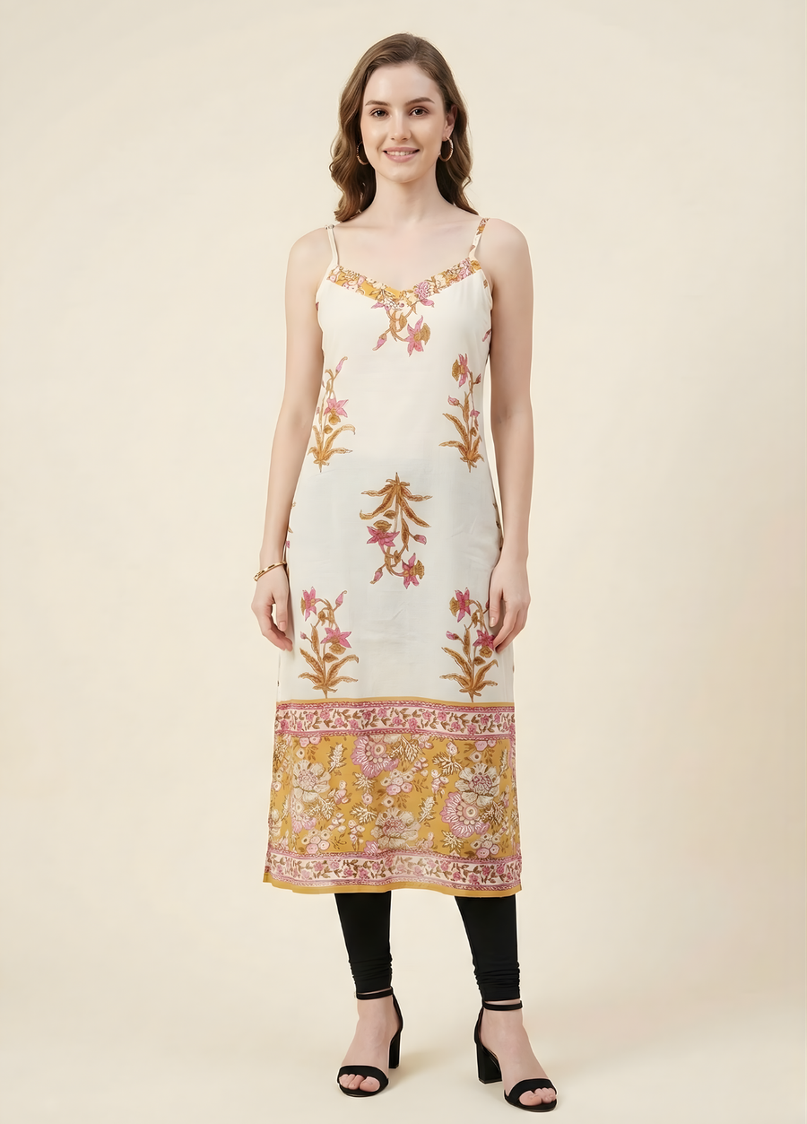 Ivory printed cotton kurti with lining by Aaronee